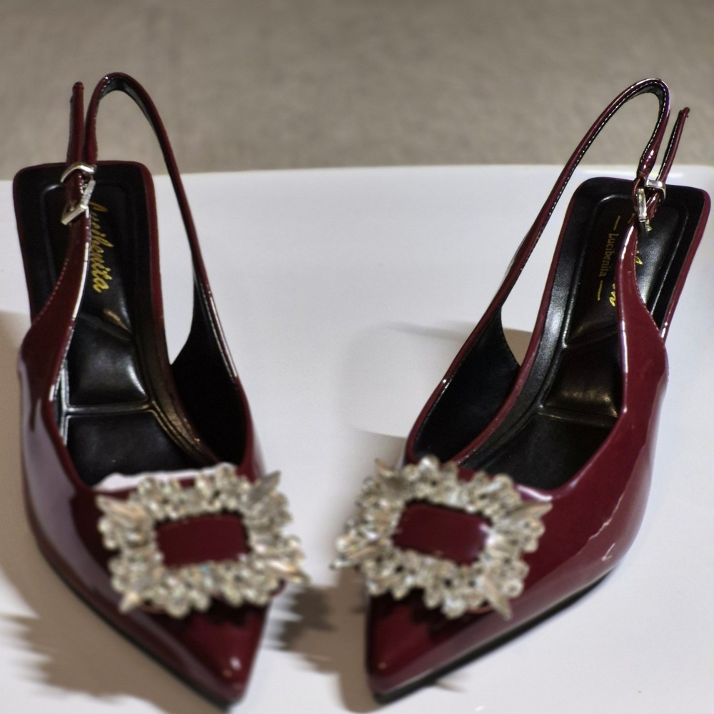 Lucibenita Burgundy Patent Crystal Buckle Slingback Kitten Heels Pointed Toe